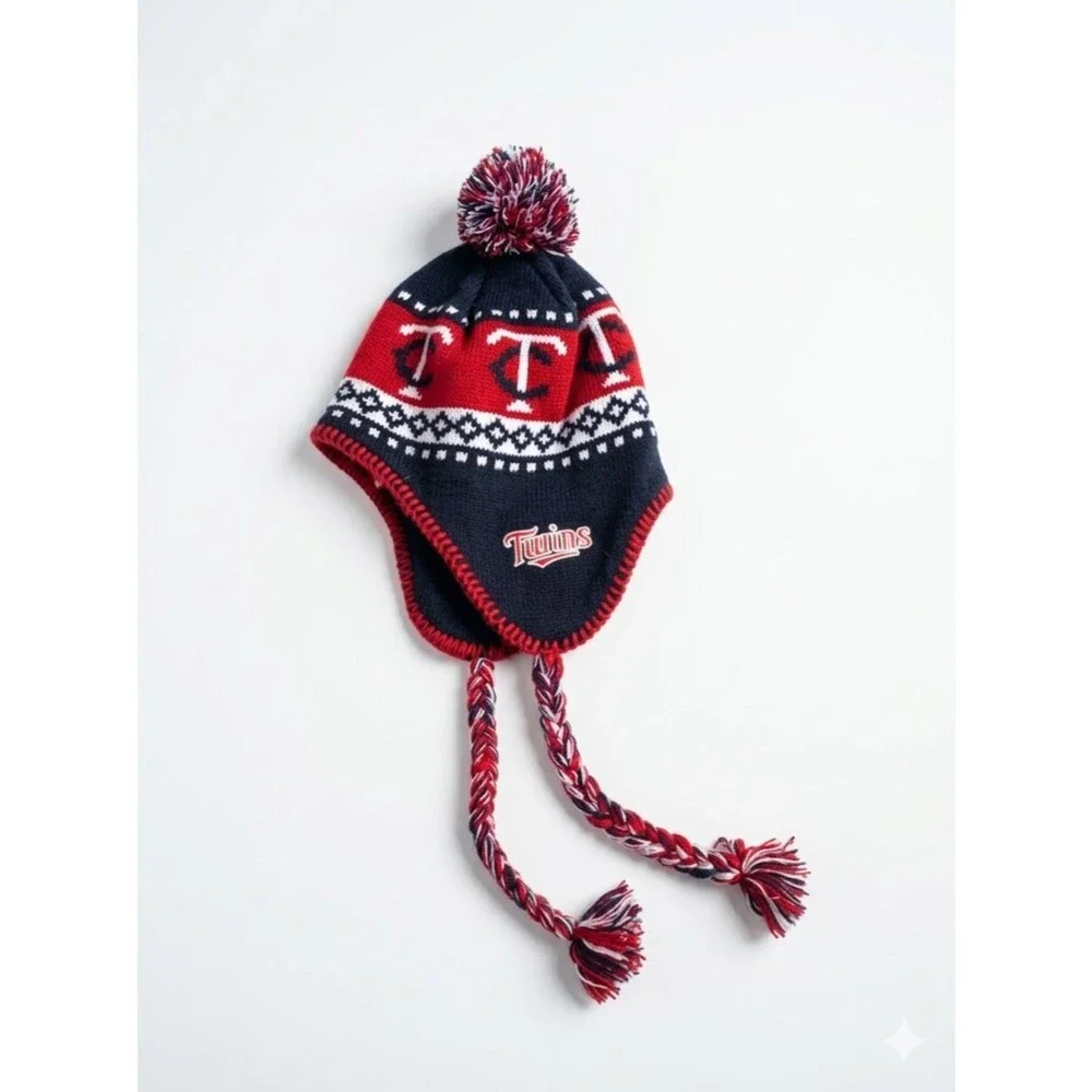 Minnesota Twins '47 Brand MLB Knit Trapper Hat Ear Flaps Pom Beanie Navy Red EUC